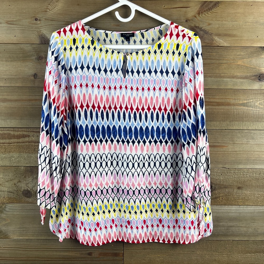 Talbots Womns Shirt 3/4 Sleeve Geometric Striped Colorful Blouse Size PL - Picture 1 of 8